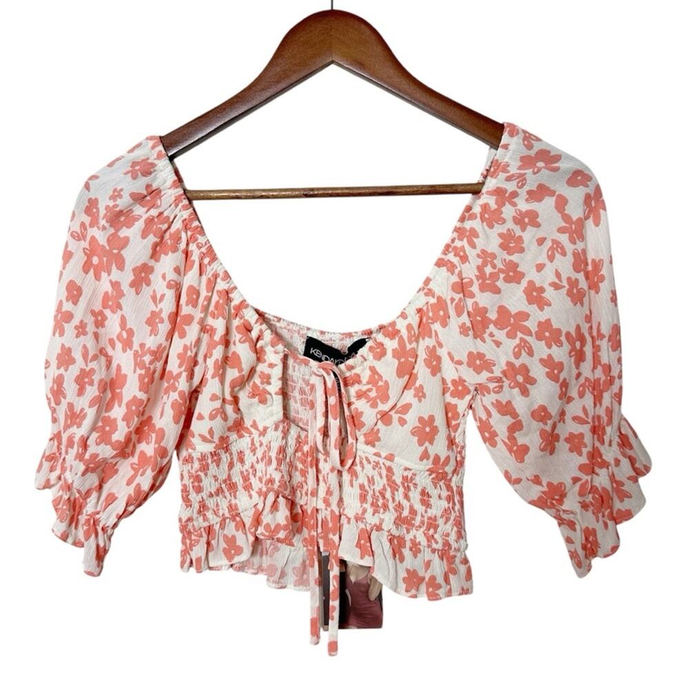 Kendall + Kylie NWT Coral Floral Crop Top Small Summer Ruffle Cut Out Tie Front